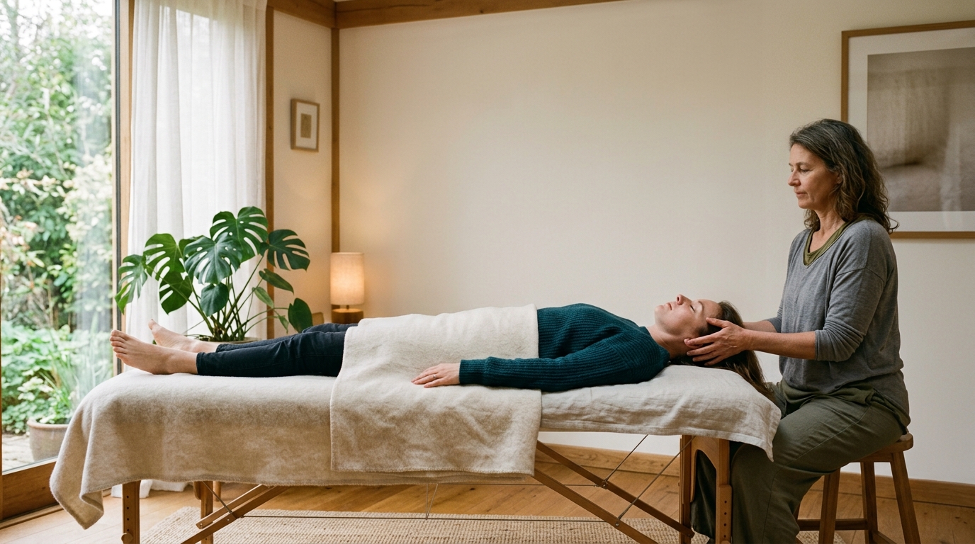 A craniosacral therapist with a fully clothed client in a calm, softly lit treatment room