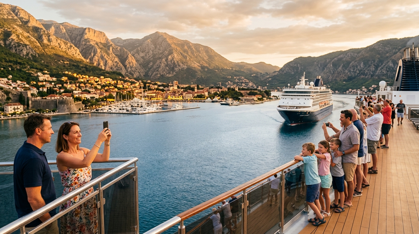 Cruise passengers on an open deck watching the ship arrive in a scenic harbour at sunset