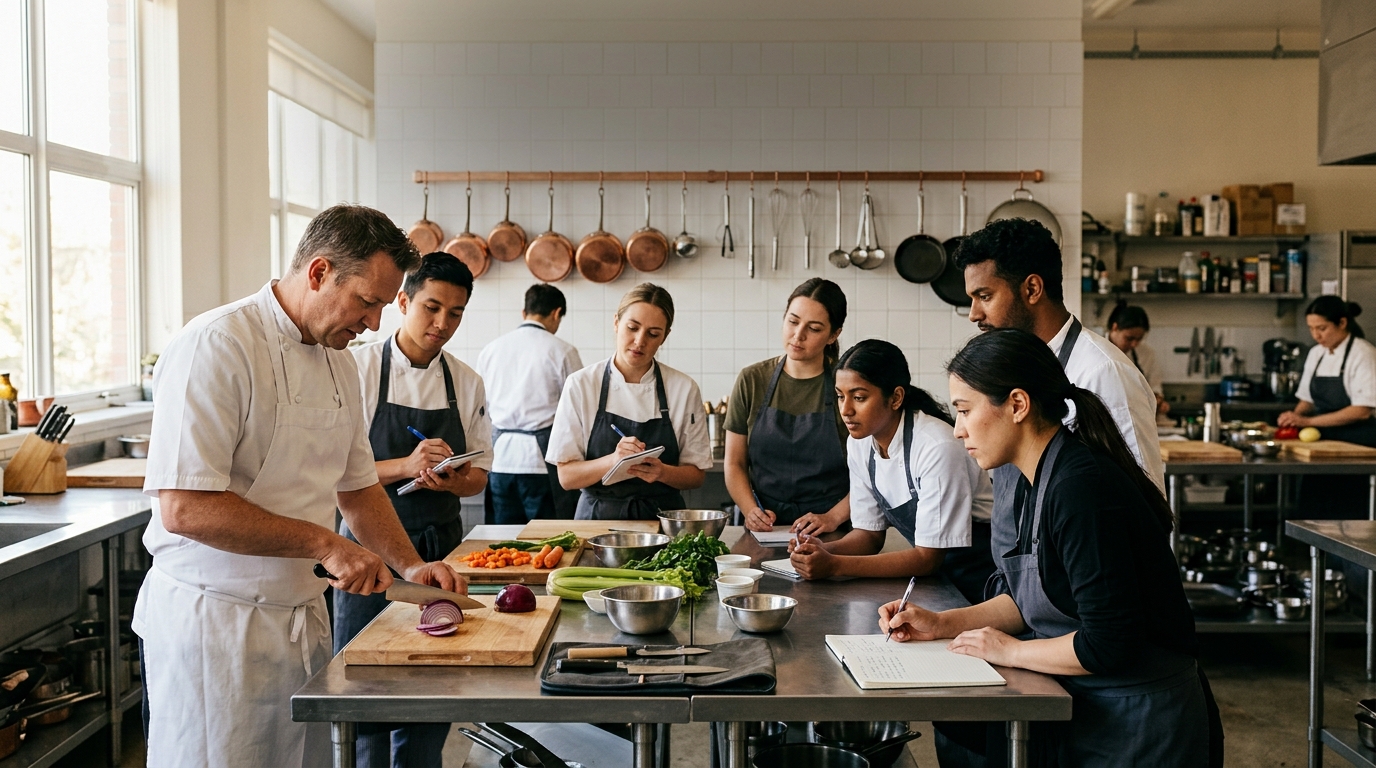 A chef instructor demonstrating knife skills to students in a bright teaching kitchen