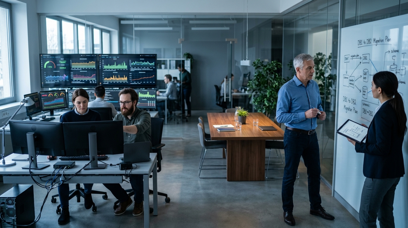 Database engineers and a client reviewing performance dashboards and a migration plan in a modern office