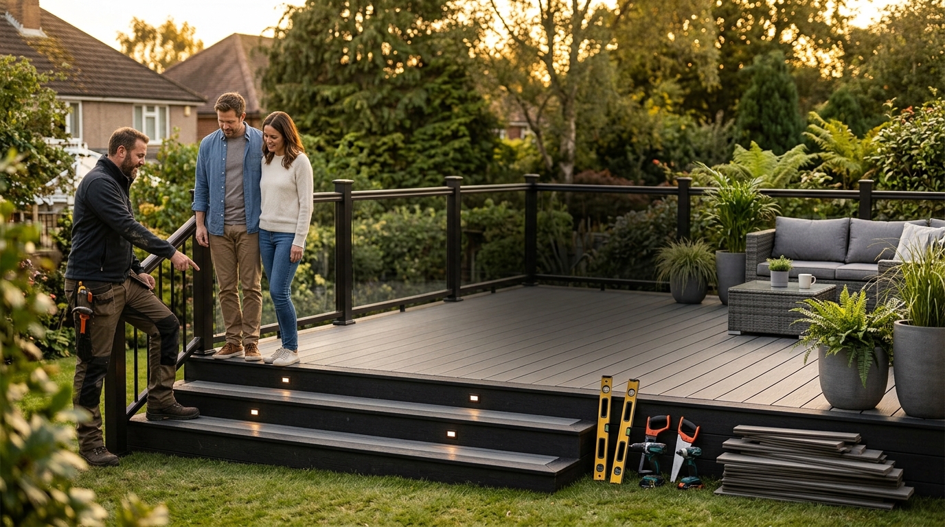 A deck builder showing a couple their newly finished garden deck with lighting and steps
