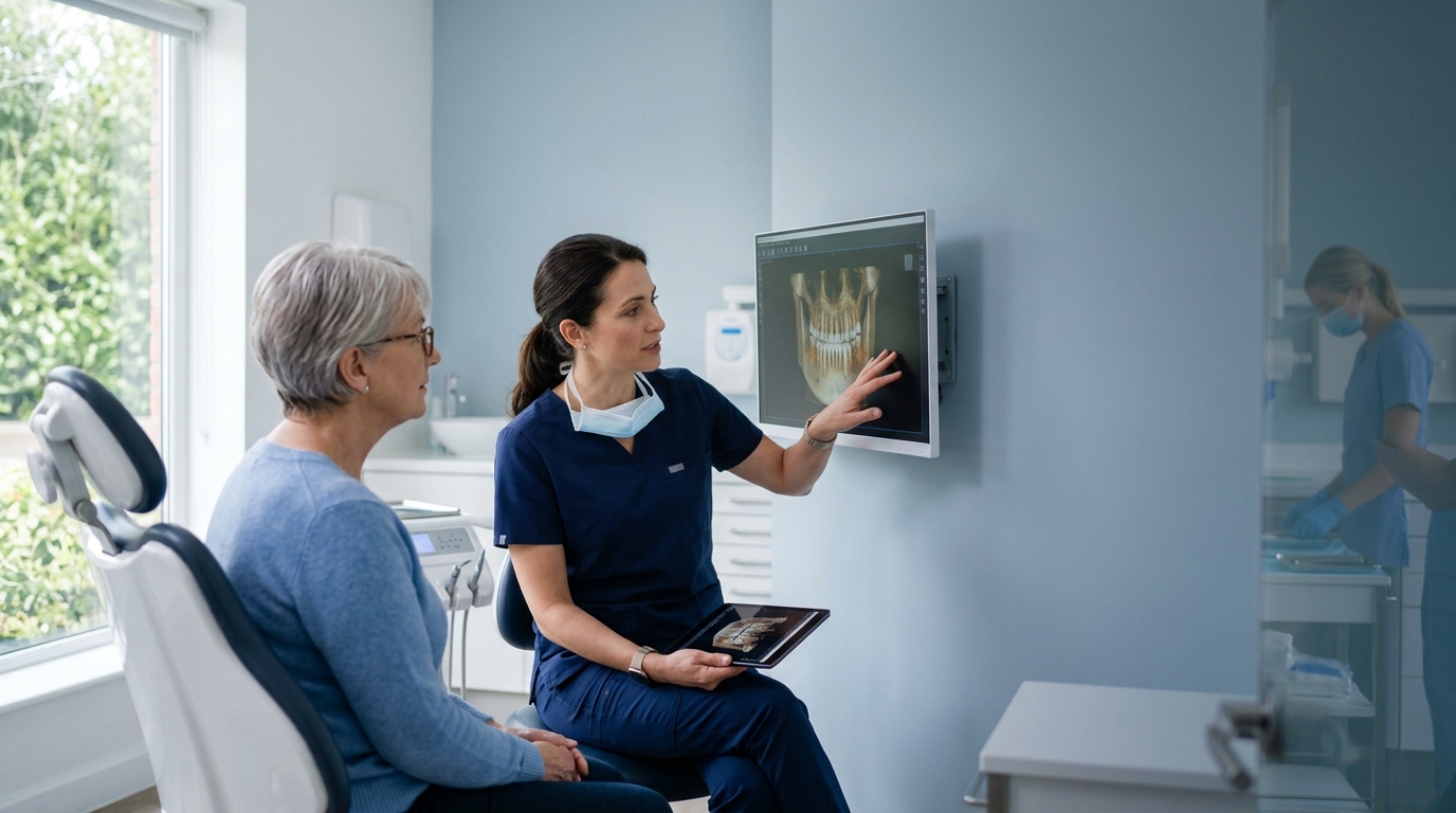 A periodontist showing a patient a jaw scan on a monitor in a modern dental consulting room