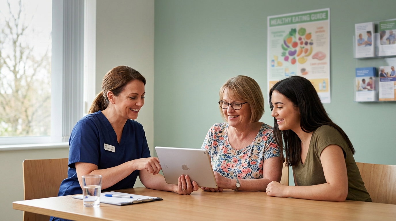 A diabetes nurse showing a patient and her daughter a glucose monitoring app in a friendly clinic