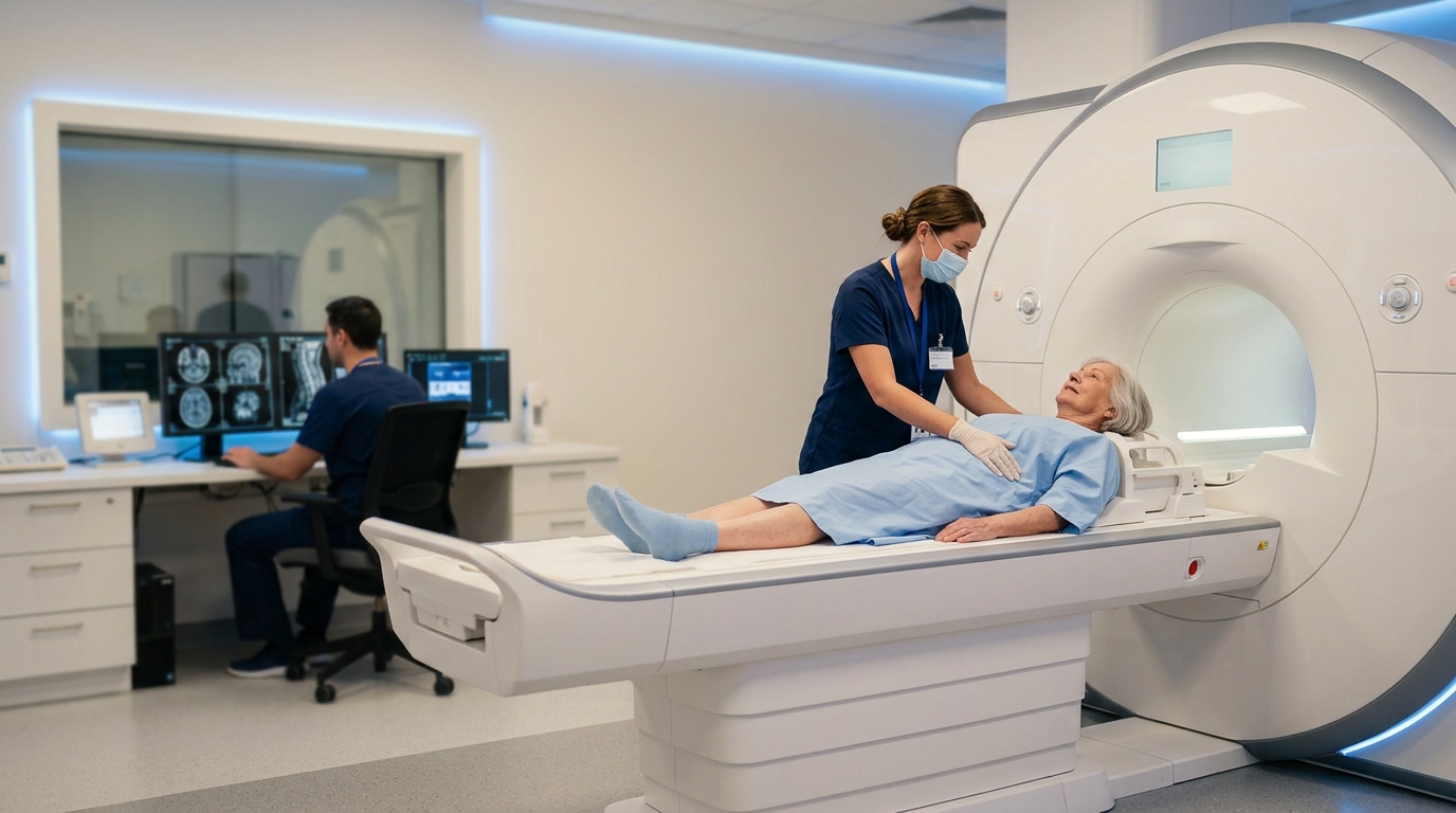 A radiographer guiding a patient toward an MRI scanner in a modern diagnostic imaging suite