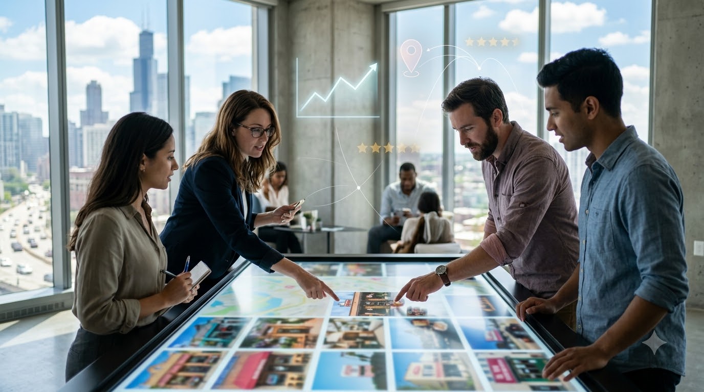 Marketing team mapping campaigns for many kinds of local business