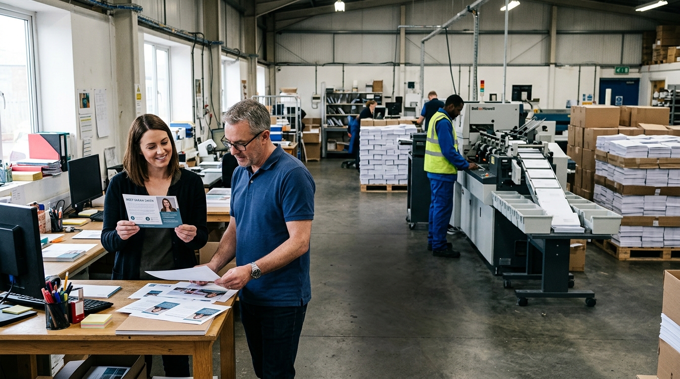 A designer and marketing manager reviewing printed direct mail proofs beside a mailing machine