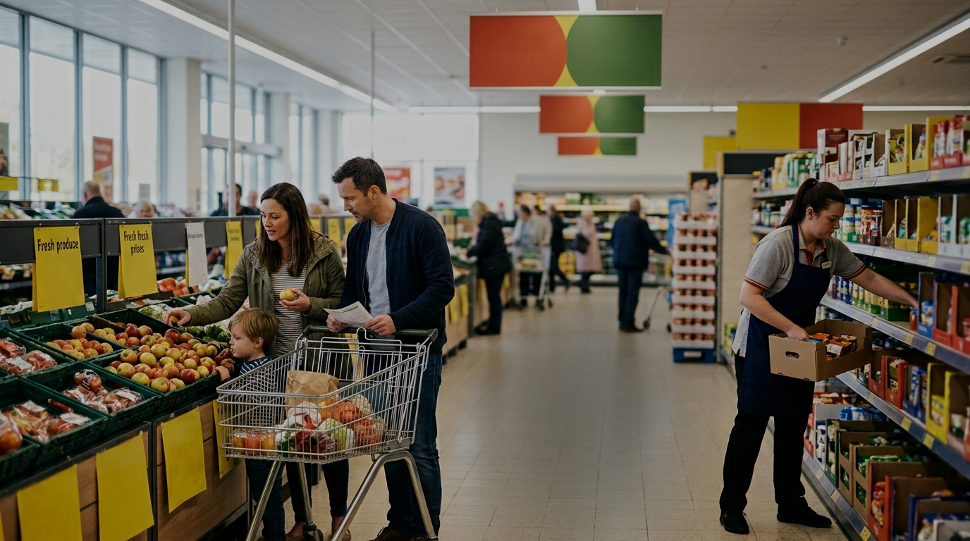 A family with a trolley choosing fresh produce beside weekly offer signs in a bright discount supermarket