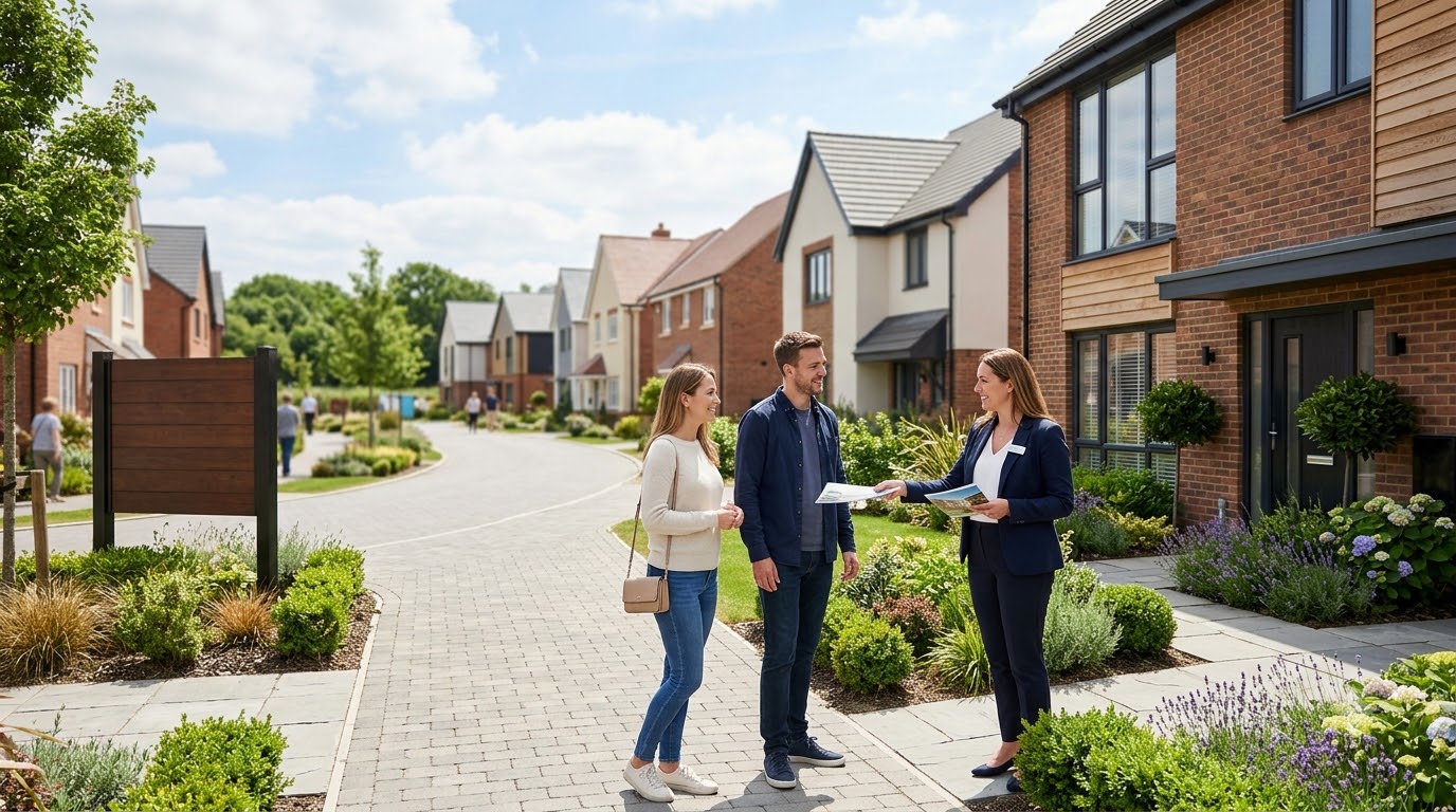 A sales adviser giving a brochure to a couple outside a modern show home in a display village