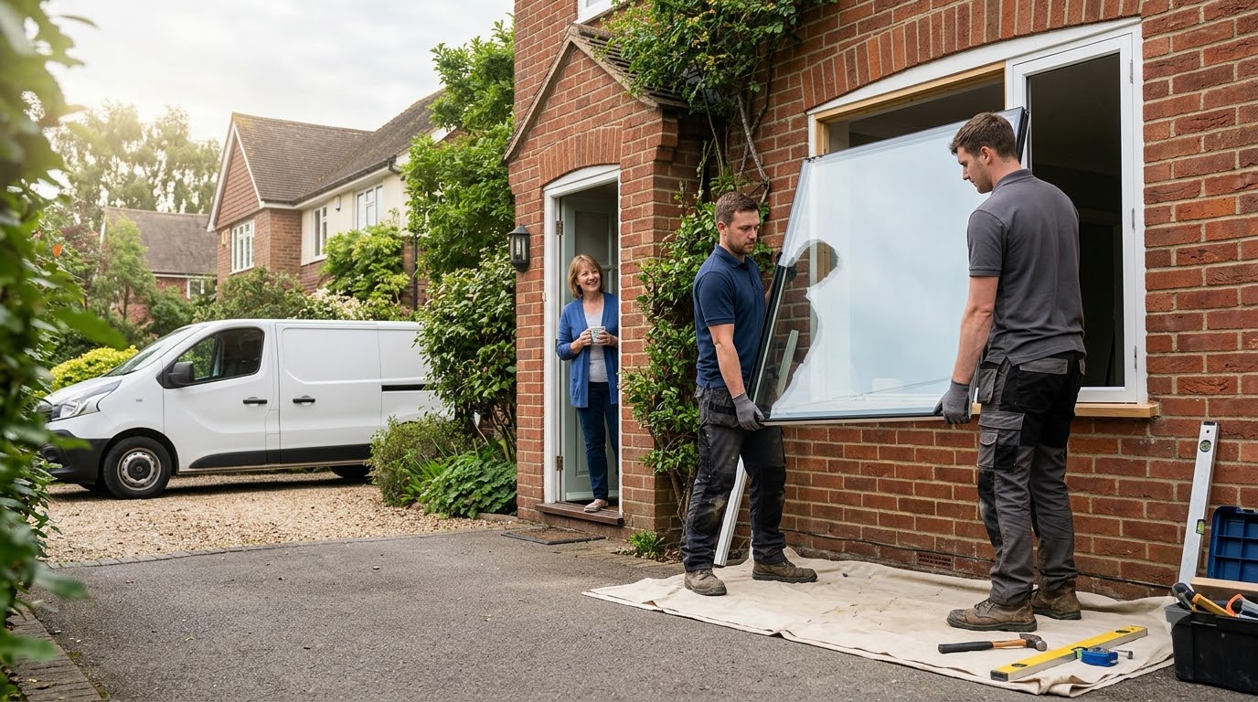 Glazing fitters installing a double glazed window while a homeowner watches from the doorway