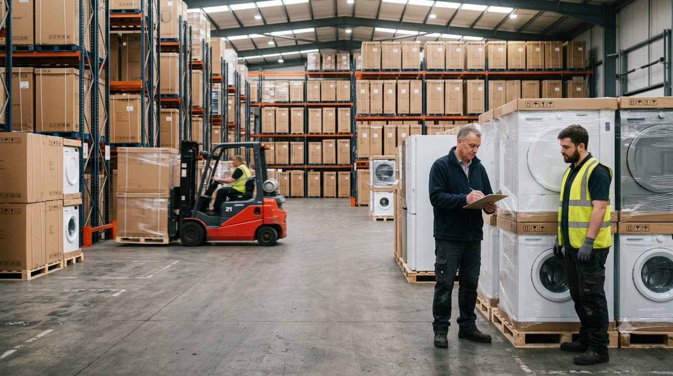 Sales manager and installer checking a delivery list beside pallets of appliances in a wholesale warehouse