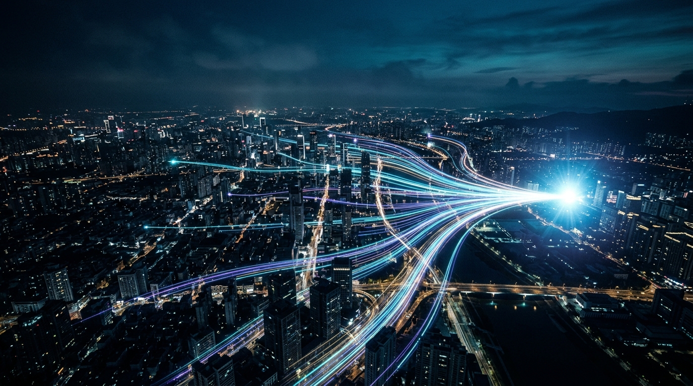 City at night seen from above with streams of light flowing between districts