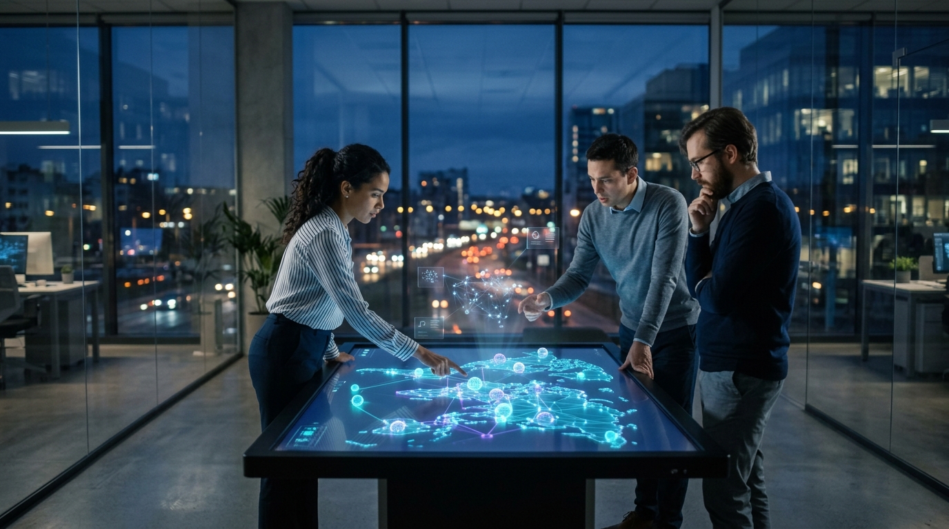 Agency strategists collaborating around a glowing touchscreen table of connected brand entities