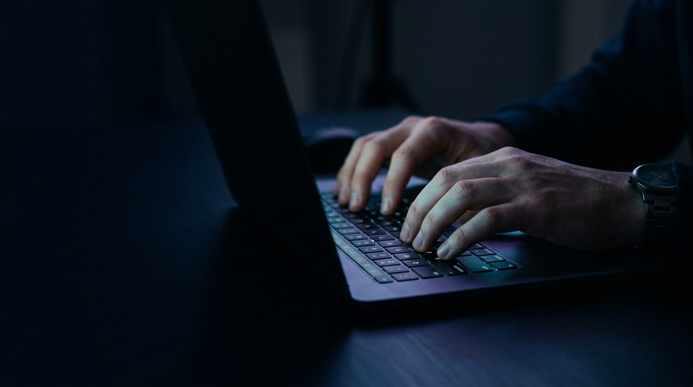 Hands typing a question into an AI search box on a laptop