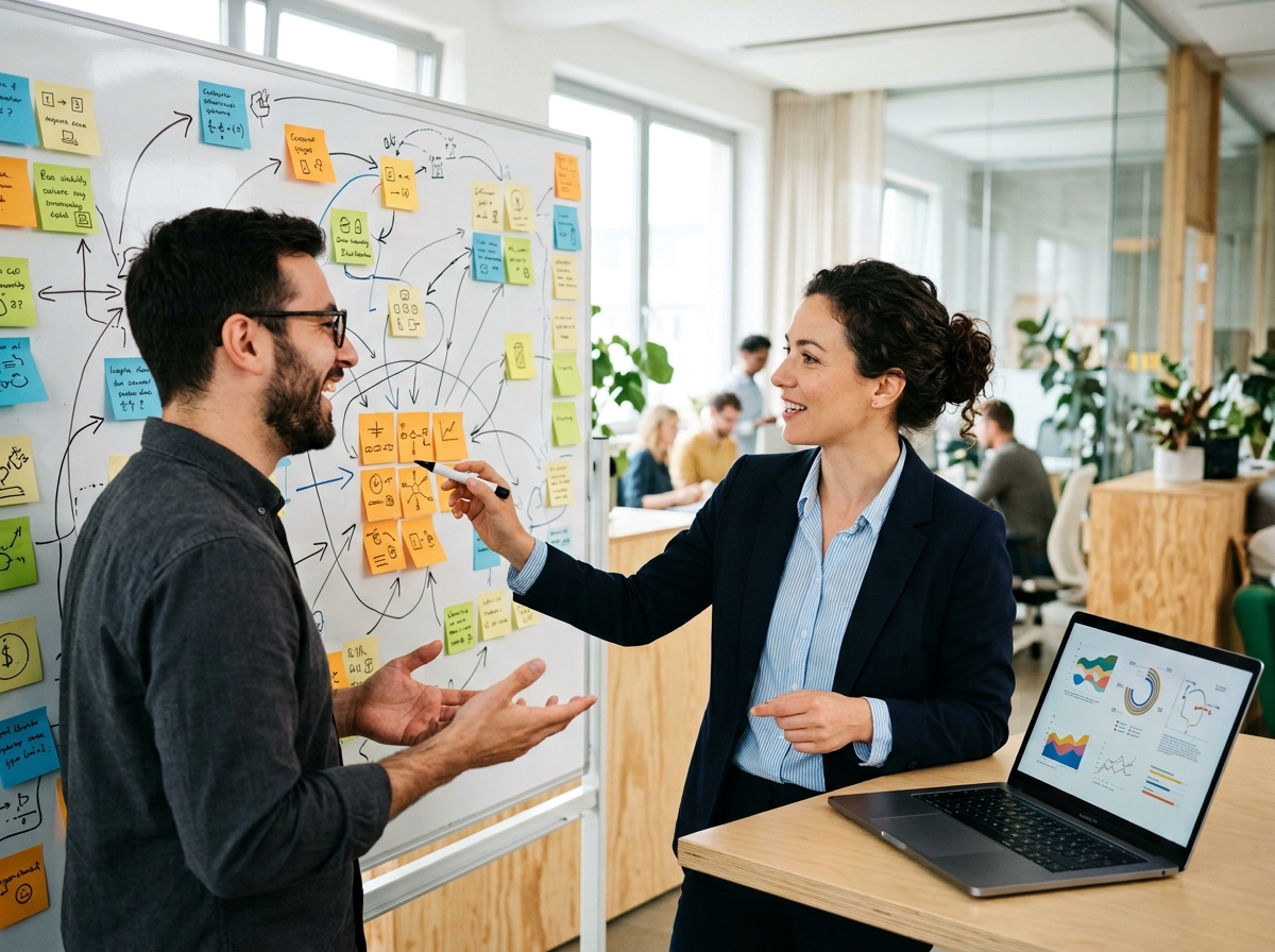 Two strategists mapping customer questions on a whiteboard