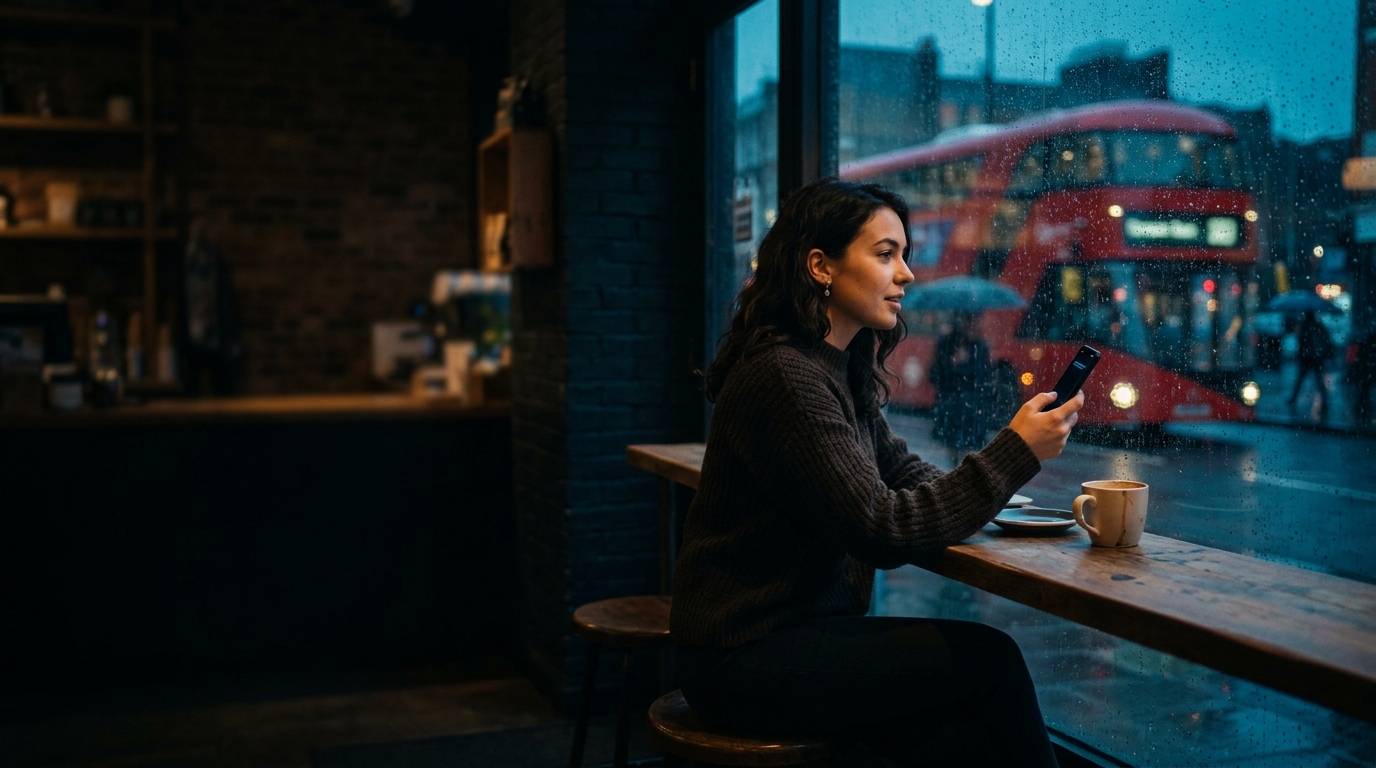 Woman searching on her phone at a café window on a rainy evening