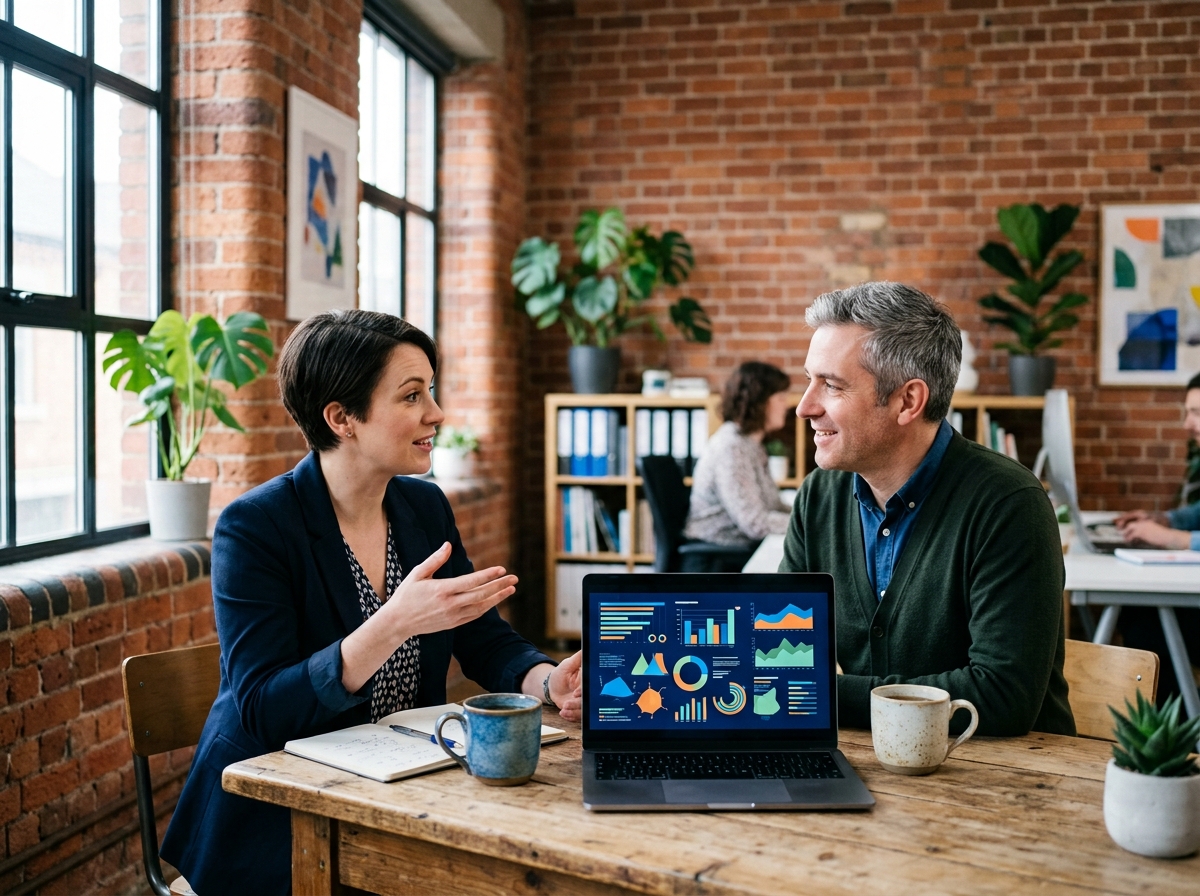 Consultant discussing a website plan with a client over a laptop