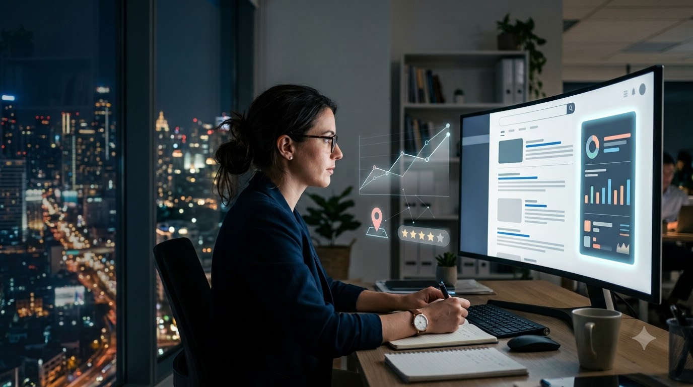 Search strategist studying AI summary panels on a large monitor