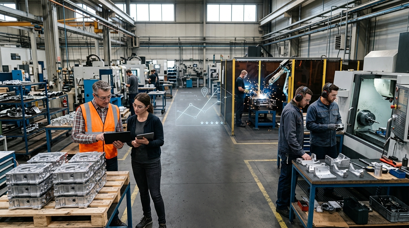 Manufacturing company owner and a marketing consultant reviewing results on a tablet