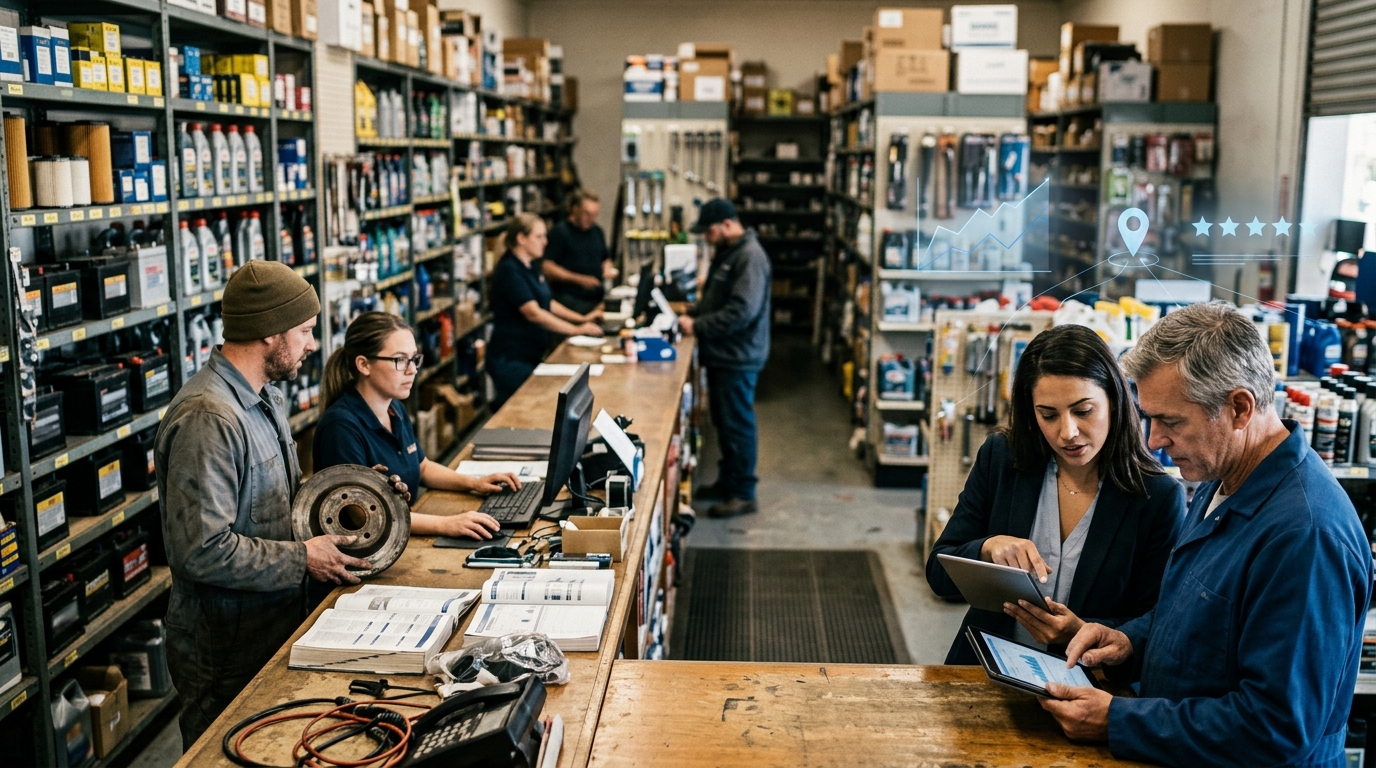 Parts store owner and a marketing consultant reviewing results on a tablet