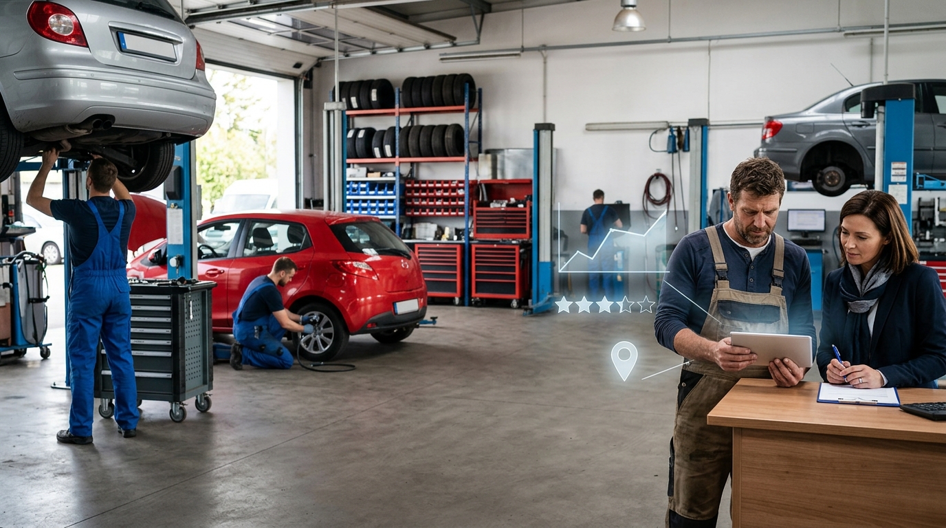 Repair shop owner and a marketing consultant reviewing results on a tablet