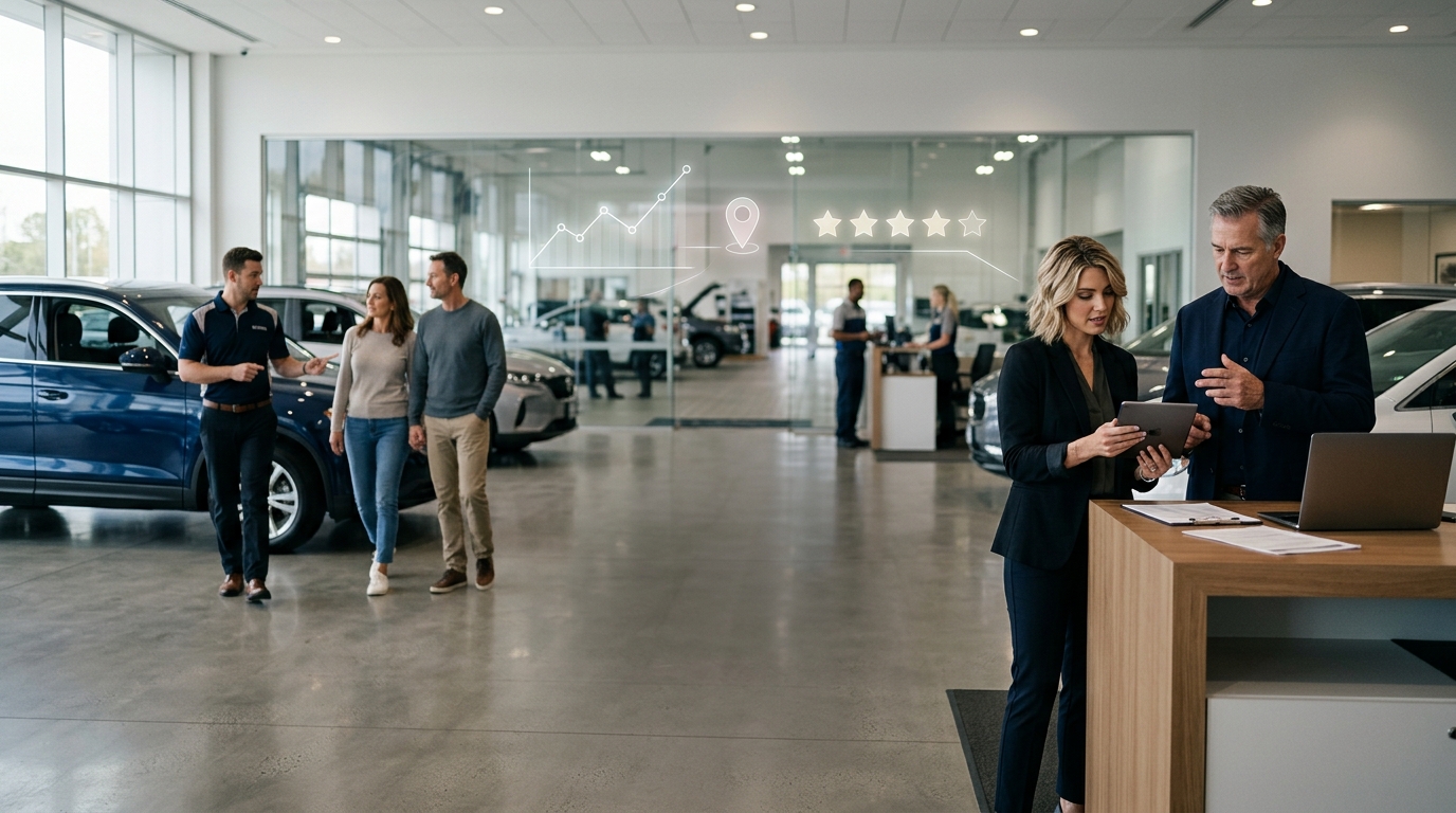 Auto dealership owner and a marketing consultant reviewing results on a tablet
