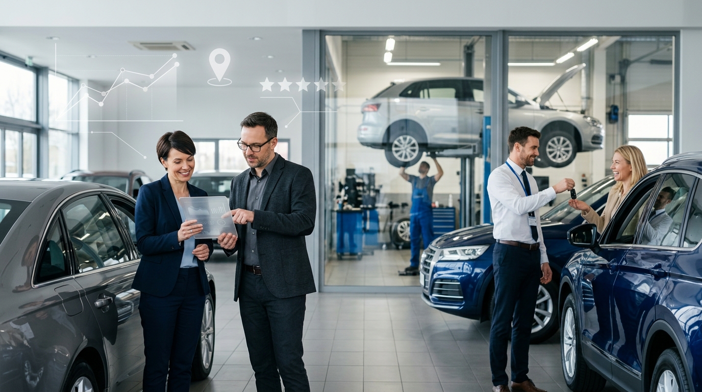 Car dealership owner and marketing consultant review a tablet in a busy showroom