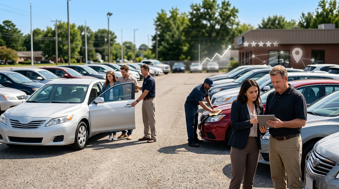 Dealership owner and a marketing consultant reviewing results on a tablet