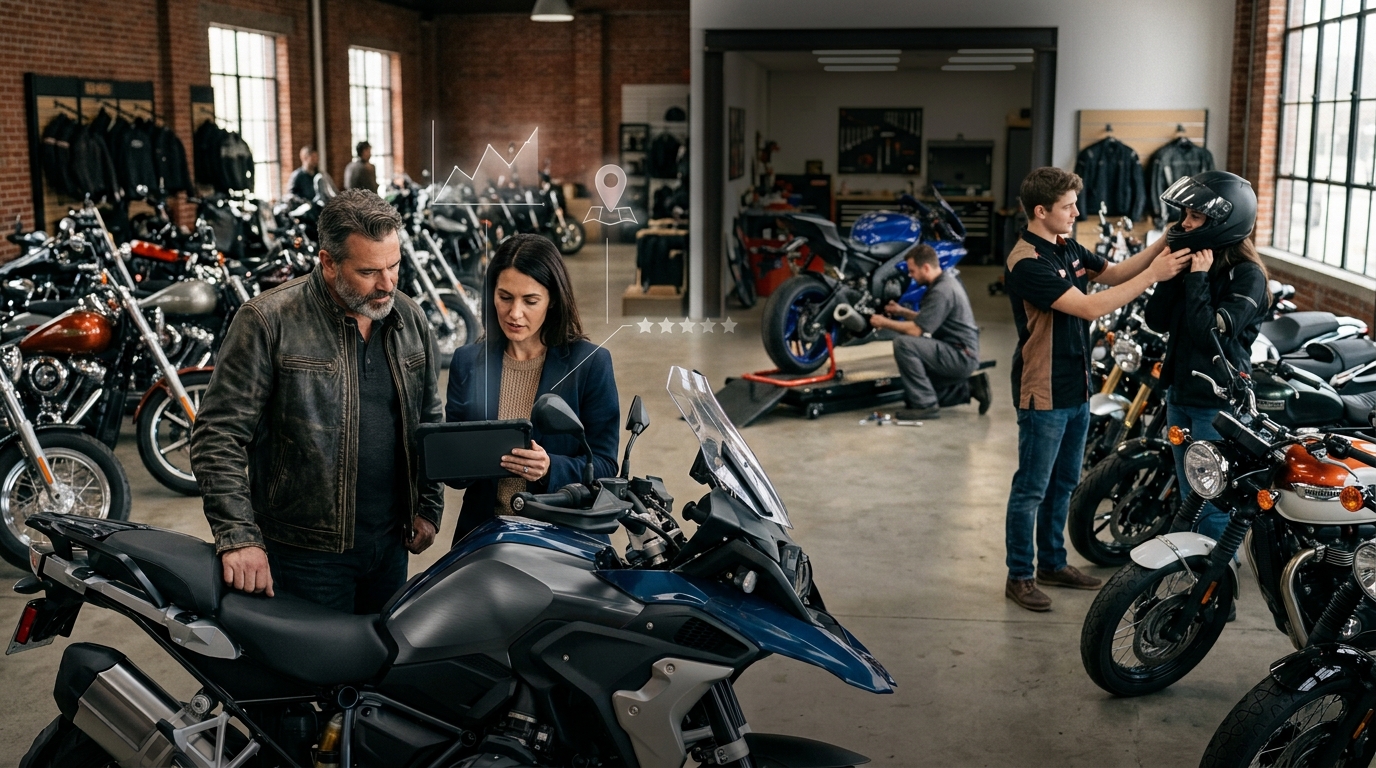 Motorcycle dealership owner and a marketing consultant reviewing results on a tablet
