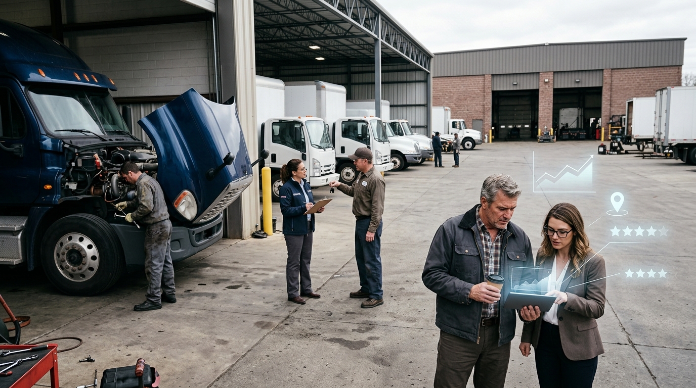Truck dealership owner and a marketing consultant reviewing results on a tablet