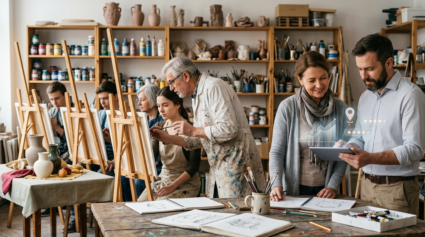Arts school owner and a marketing consultant reviewing results on a tablet