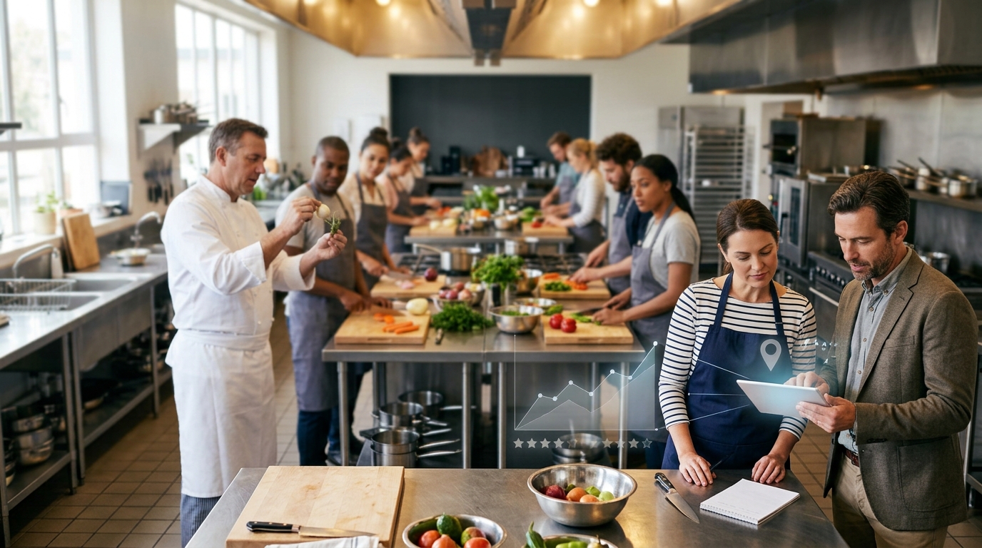 Cooking school owner and a marketing consultant reviewing results on a tablet