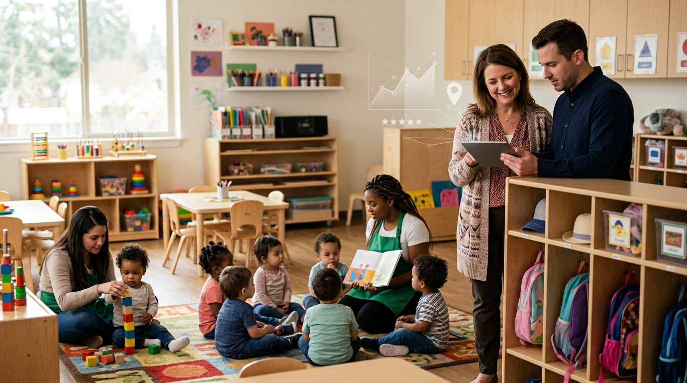 Daycare center owner and a marketing consultant reviewing results on a tablet