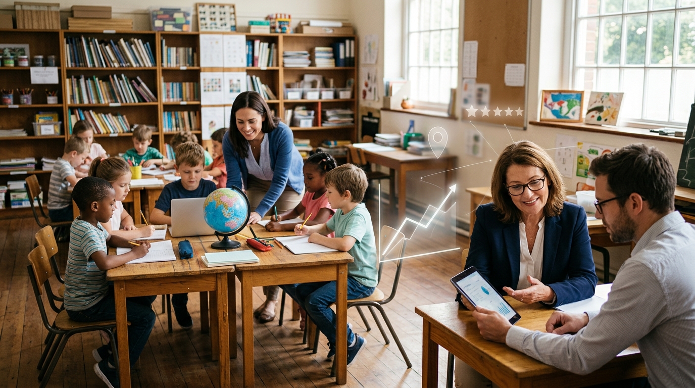 School principal and marketing consultant review a tablet while a teacher helps students in class