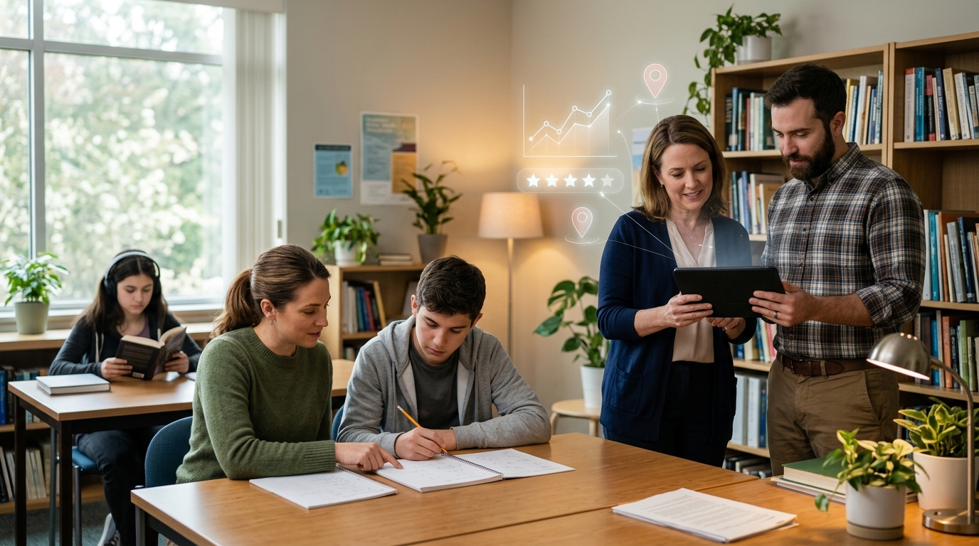Tutoring business owner and a marketing consultant reviewing results on a tablet