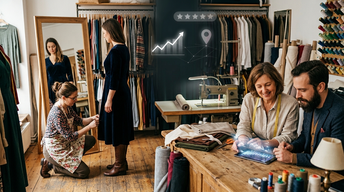 Alteration shop owner and a marketing consultant reviewing results on a tablet