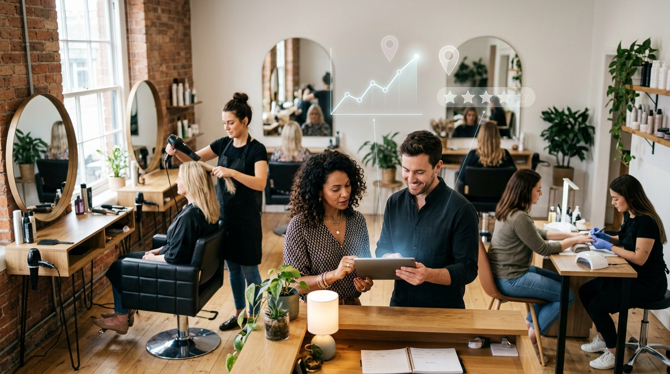 Salon owner and a marketing consultant reviewing results on a tablet