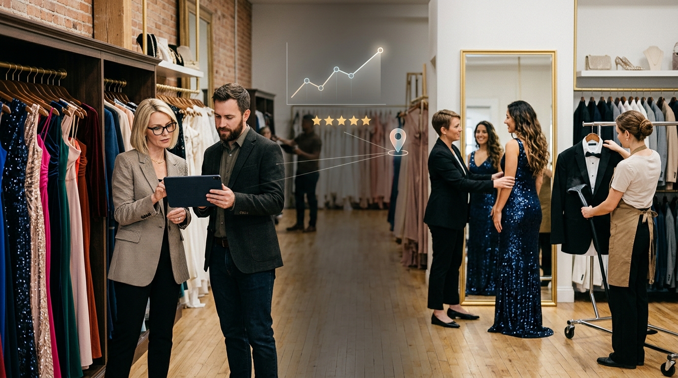 Clothing rental business owner and a marketing consultant reviewing results on a tablet