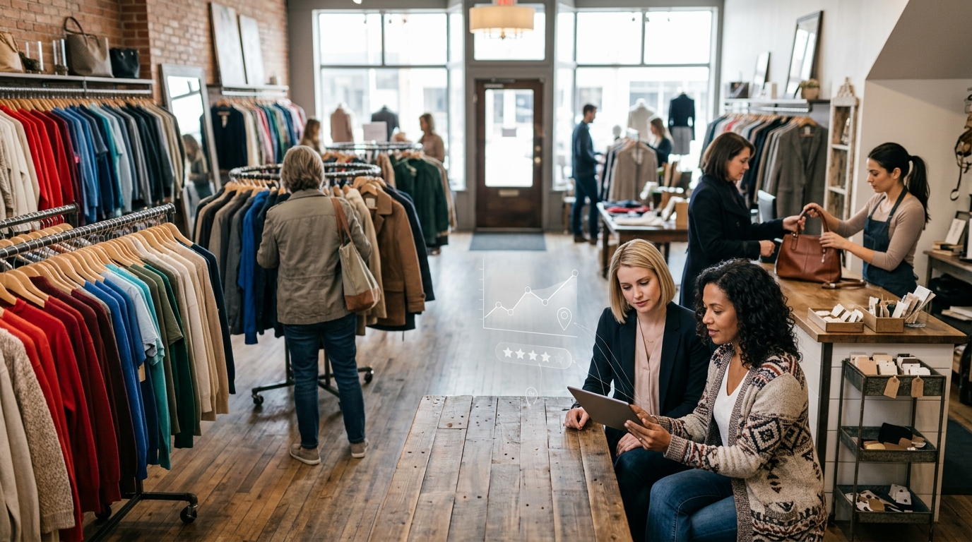 Consignment shop owner and a marketing consultant reviewing results on a tablet