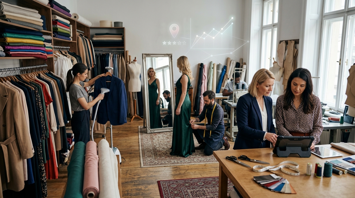 Boutique owner and marketing consultant with a tablet as a tailor fits a client's dress