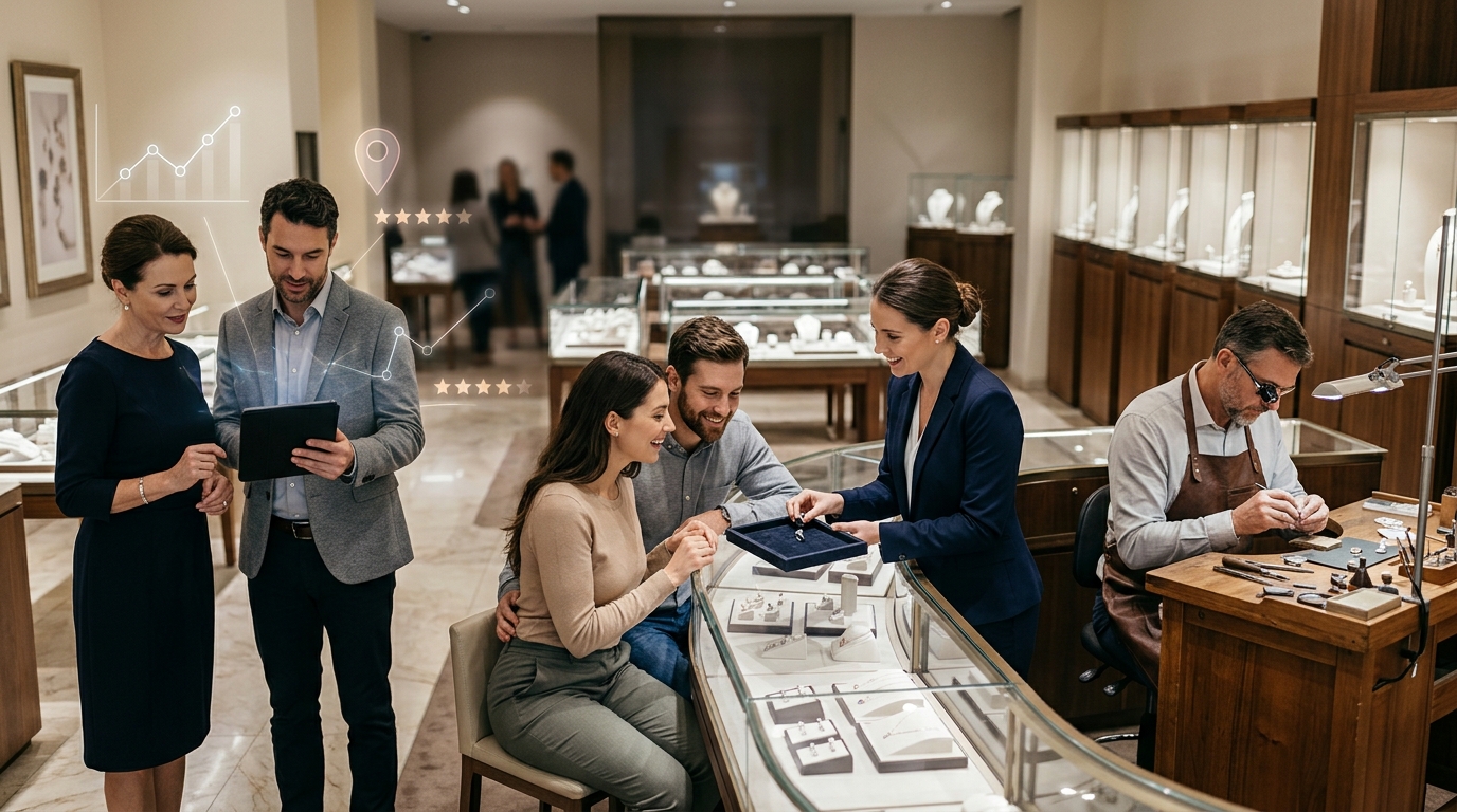 Jeweler owner and a marketing consultant reviewing results on a tablet