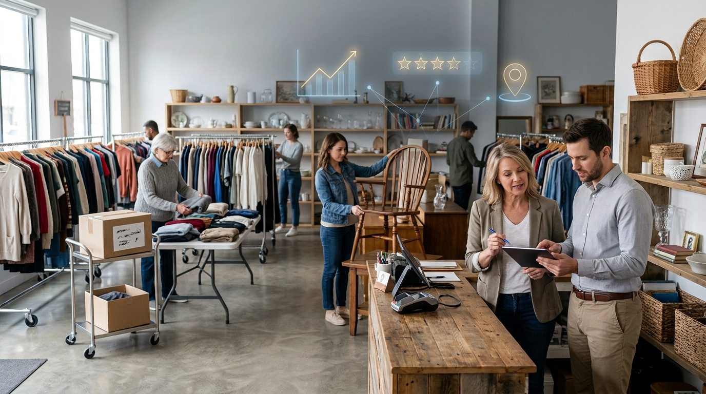 Secondhand store owner and a marketing consultant reviewing results on a tablet