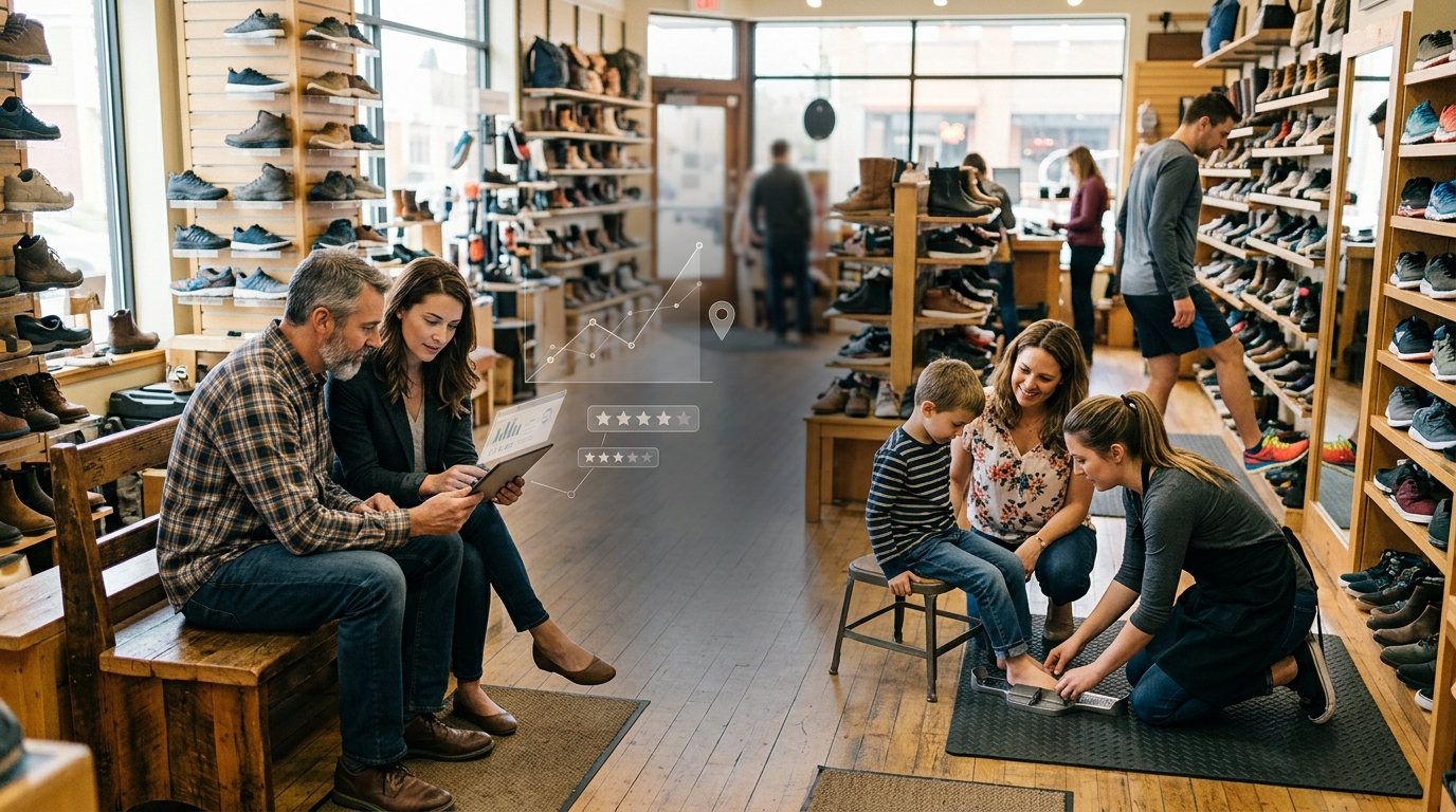 Shoe store owner and a marketing consultant reviewing results on a tablet