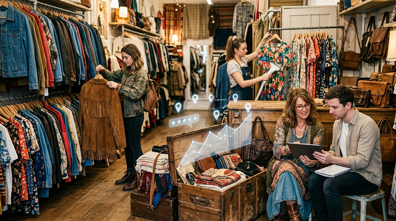 Vintage store owner and a marketing consultant reviewing results on a tablet