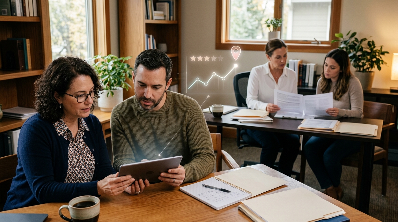 Credit services company owner and a marketing consultant reviewing results on a tablet