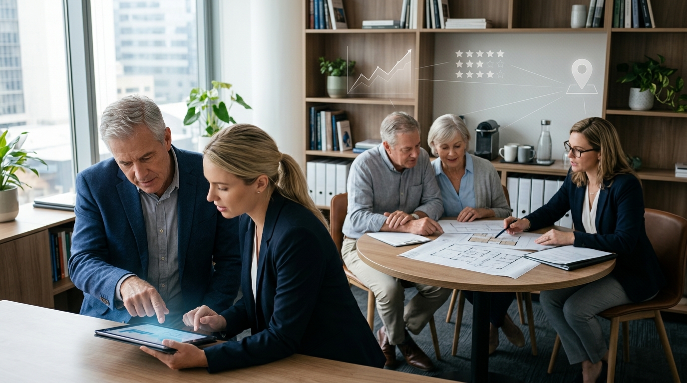 Financial advisory firm owner and a marketing consultant reviewing results on a tablet