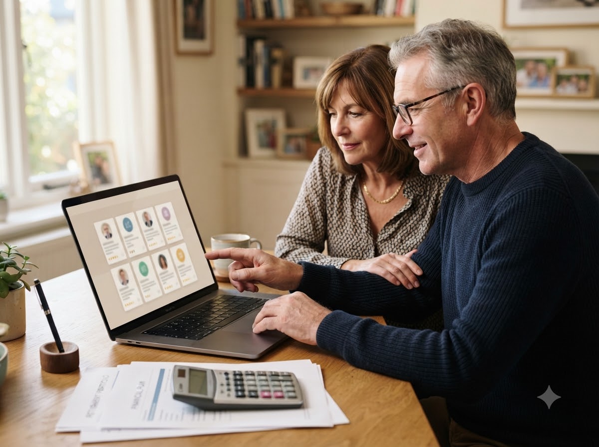 Couple researching financial advisors on a laptop