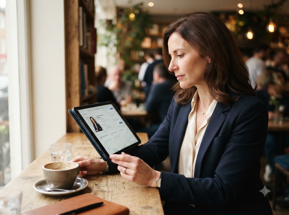 Prospect reading an advisor profile and planning guide online