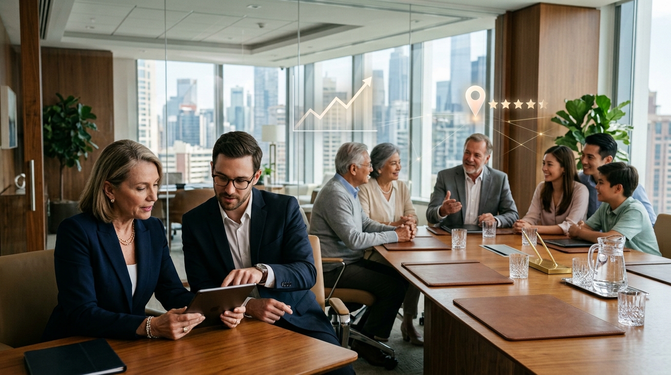 Wealth management firm owner and a marketing consultant reviewing results on a tablet