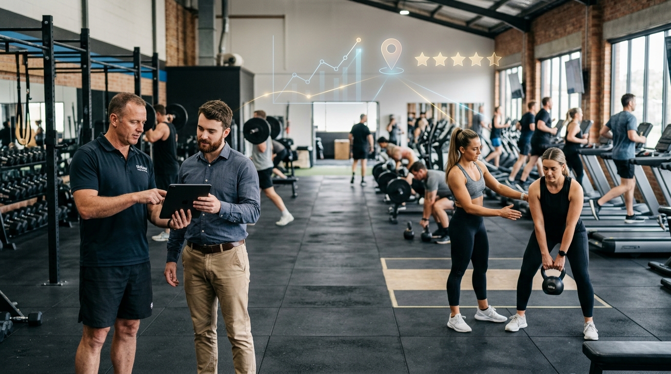 Fitness center owner and a marketing consultant reviewing results on a tablet