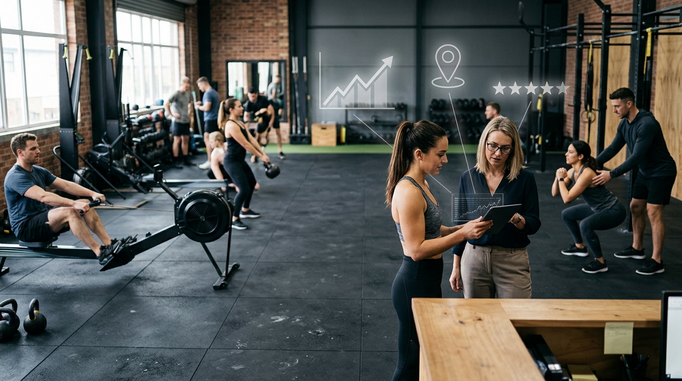 Gym owner and marketing consultant review a tablet while members train with kettlebells and rowers